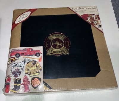 Bonded Leather Firefighter Scrapbook Kit Photo Album Diecast Medallion 100 Piece-image