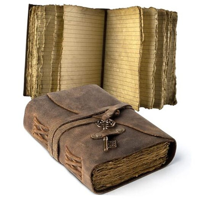 Vintage Leather Journal Lined Pages with Key - Antique Handmade Deckle Edge -image