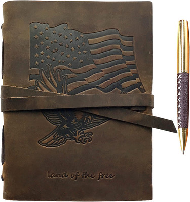 Leather Bound Journal for Men and Women, Handmade Patriotic Gift Set with USA Fl-image