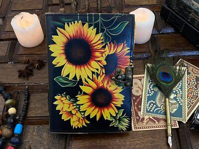Handmade leather travel book bound journal sunflower leather journal notebook-image