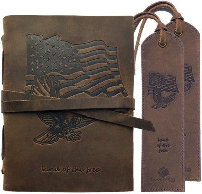 Leather Bound Journal for Men and Women, Handmade Patriotic Gift Set with USA Fl-image