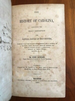 John Lawson's Natural History North Carolina, Indians, Journal, Raleigh, NC 1860-image