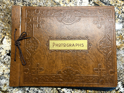 MCM 1950's VTG Large Faux Tooled Leather Photo Album Scrape Book With 15 Pages-image