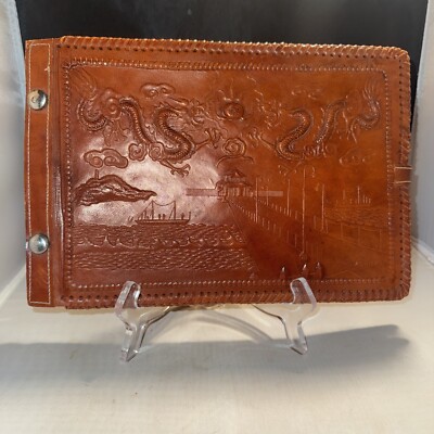 Vintage Leather Photo Album 1940s Pacific Theater TSINGTAO PIER Rice Paper (2)-image