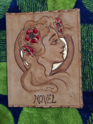 Vintage Art Deco Leather Journal Book Cover Girl Flowers Novel-image