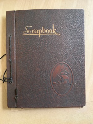 Rare Vintage  Genuine Leather DIY Scrapbook  Brown With Ship Pic On Cover-image