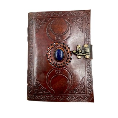 OVERDOSE Moon Design Stone Leather Journal With Brass C-Lock - Handmade Unlin...-image
