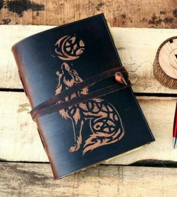 Leather Bound Journal Handmade Wolf Witchcraft Wicca Spell Book Deckle Paper-image
