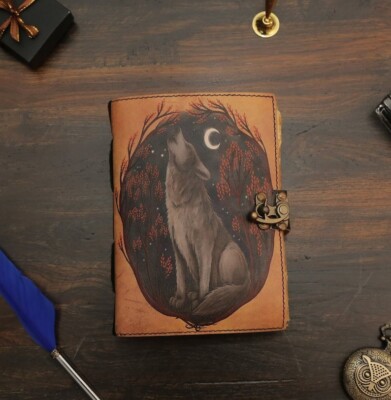 Wolf Printed Handmade Vintage Leather Bound Journal Writing Grimoire Notebook-image