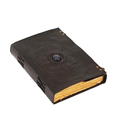 Handmade Leather Journal, Black, Lapis Lazuli Stone Hand Embossed Design, -image