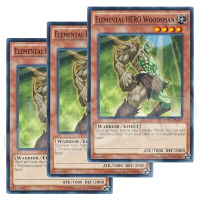Yugioh - Elemental HERO Woodsman x 3 - NM - Plus Free Holographic Card-image