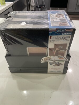 Photo Stor 3  Bonded Leather Photo Albums + Photo Box Model #24674-C Black NIB-image