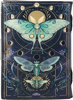 Book of Spells Leather Bound Luna Moths Journal Deckle Edge Paper Grimoir-image