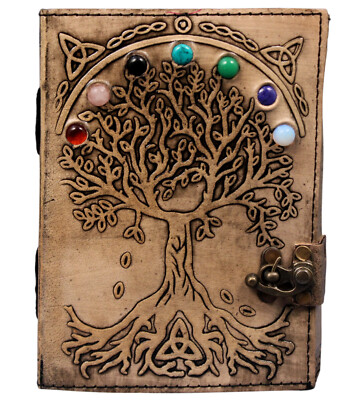 Tree Of Life Stone Studded Genuine Leather Bound Journal Grimoire Office Diary-image