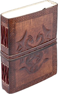(2) Handmade Vintage Antique Looking Double Dragon Genuine Leather Bound Journal-image
