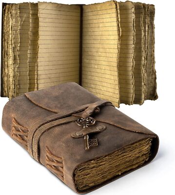 Leather Journal Lined Pages with Key - Handmade Deckle Edge Paper Bound Journal-image
