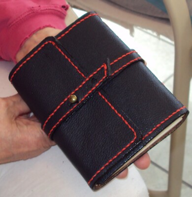 Leather journal handmade. Black exterior, Brown interior, Red thread,-image