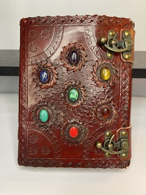 Red Leather Journal Round Chakra Note Book With 7 Stones-image