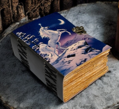 400 Page Large Grimoire leather journal, Print Yunicorn Journal Blank spell book-image