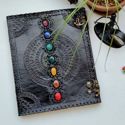 Leather Journal Seven Stone Chakra Notebook Blank Bound Papers Book of Shadows-image