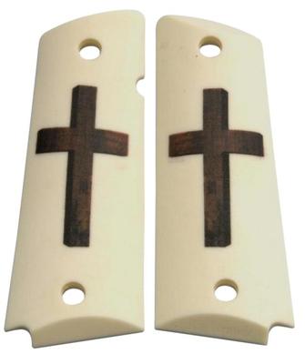 Hand of God Cross on Matte Faux Ivory Custom Full Size Government 1911 Grips-image