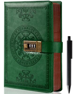 Green Journal with Lock 290 Lined Pages Refillable Pen 5.7