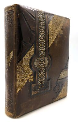 Handsome 1870s-1880s leatherbound photo album Illinois studios Sandwich Somonauk-image