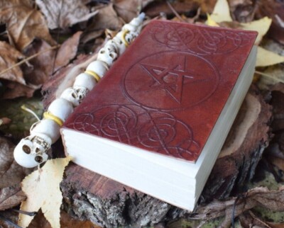 Small Leather-Bound BOOK OF SHADOWS Pentagram Journal Grimoire Dairy Notebook-image