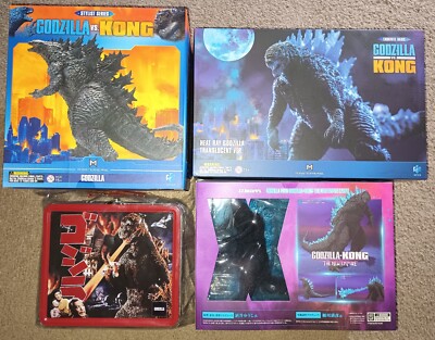Godzilla Toho 1954 tin lunchbox, Godzilla vs Kong 3 figure lot Hiya MonsterArt-image
