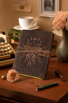 Luna Moth Handmade Leather Bound Vintage Journal Blank Spell Book of Shadows 7X5-image