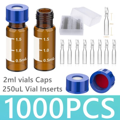 1000pcs 2ml Amber Sample HPLC Glass Amber Vials Caps, 250ul Vial inserts Polymer-image