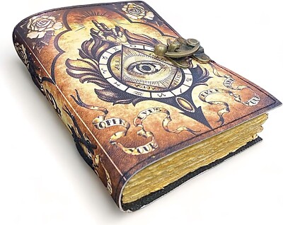 Book of Spells Leather Bound Journal Deckle Edge Paper Grimoire Third Eye.   NEW-image