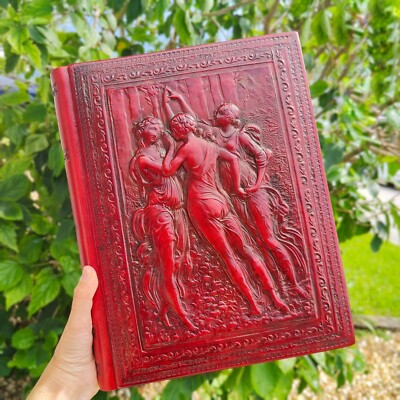 Vintage Three Graces Embossed Leather Bound Photo Scrap Book Album Italy-image