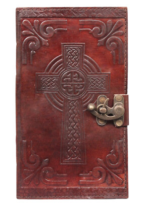 Genuine Leather Bound Journal Grimoire Cross Embossed Notepad Brown Notebook-image