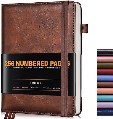 Lined Journal Notebook, 256 Numbered Pages, Hardcover Leather, A5 College Ruled -image