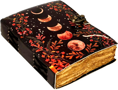 Handmade Leather Journal Celestial Grimoire Spell Book Blank Deckle Edge 5x7-image