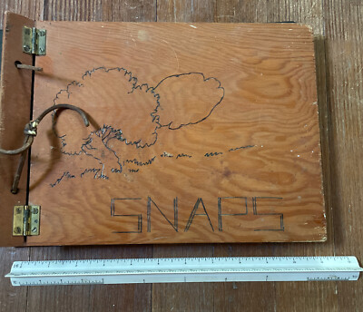 VINTAGE Handmade Wooden Photo Album -  SNAPS Metal Hinges - Damaged Leather Cord-image