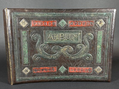 Large Antique c 1915 Photo Album Tooled Leather Covers Bound Black Pages Unused-image