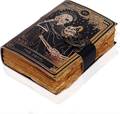 Book of Spells Leather Bound Journal The Devil Tarot Deckle Edge Paper Grimoire-image