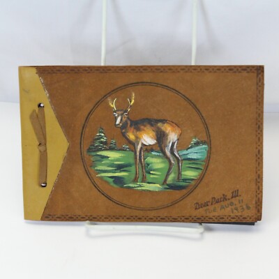 Deer Park IL Leather Cover Photo album 1936 with 3 B&W Photos and Blank Pages-image