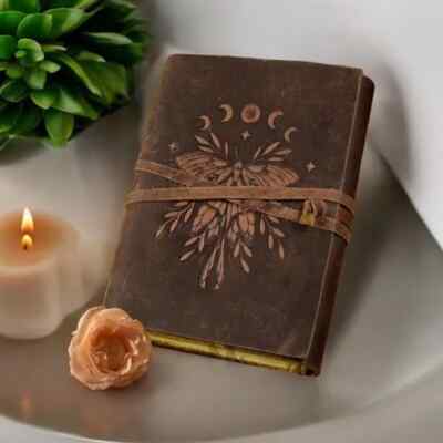 Luna Moth - Vintage Leather Journal - Handmade Deckle Edge Paper Leather Bound.-image