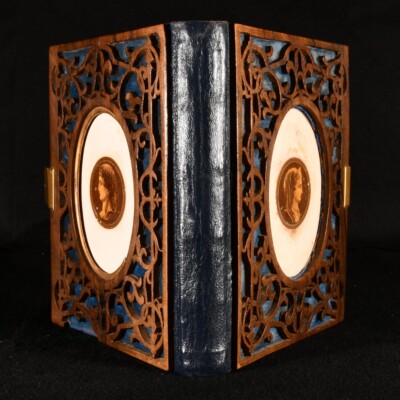 c1880 Woodbound Album of Christian Engravings Leather Spine Illustrated Hand ...-image