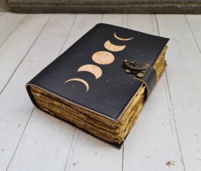 Rustic Leather Bound Notebook Witchy Moon Phase Leather Journal Vintage Journal-image