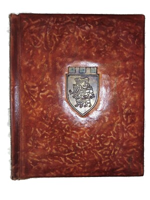 Vintage HUGE Brown Leather Bound Book Journal Cover Folder Crest Menu Portfolio-image