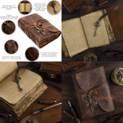 Handmade Vintage Looking Paper Leather Bound Journal Antique Book Sketchbook-image