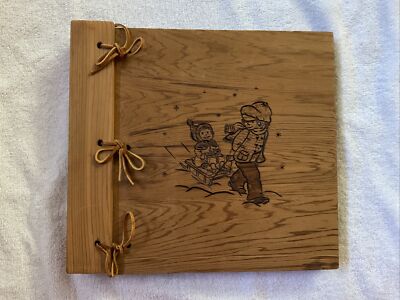 VINTAGE WOODEN PHOTO ALBUM LEATHER TIES 10 PHOTO PAGES NEW-image
