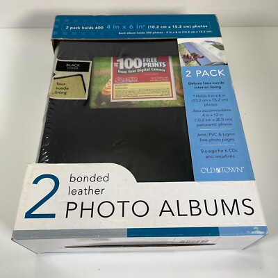 Old Town 4x6in Faux Suede Lining Bonded Leather Black Photo Albums 2-Pack * NEW-image