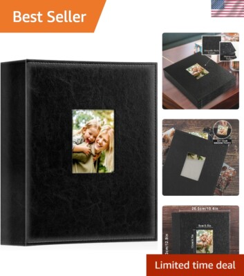Black Leather Photo Album with 400 Vertical Pockets - Customizable Cover Window-image