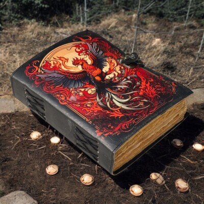 400 Page Large Grimoire leather journal, Print Phoenix Journal Blank spell book-image