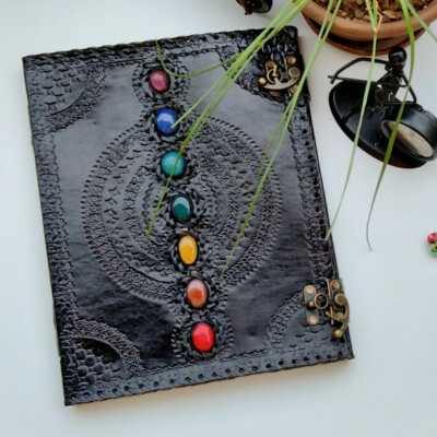 Leather Journal Seven Stone Chakra Notebook Blank Bound Papers Book of Shadows-image